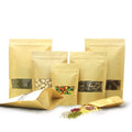 Stock Kraft Paper Bag Window 200g/500g Smell Proof PET+PE Lined Heat Sealing Stand-Up Zipper for Food Packaging Plastic Material