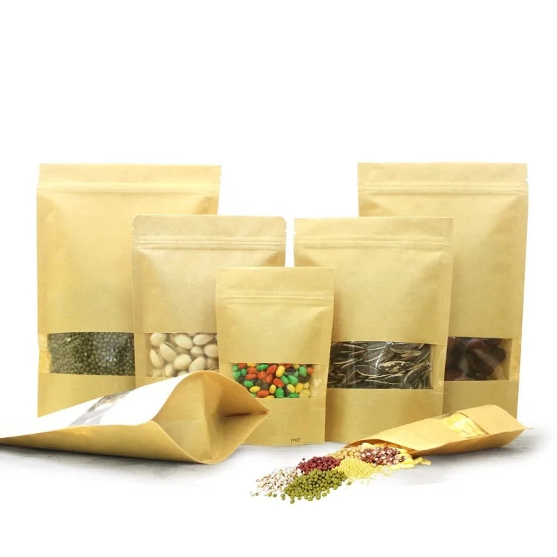Stock Kraft Paper Bag Window 200g/500g Smell Proof PET+PE Lined Heat Sealing Stand-Up Zipper for Food Packaging Plastic Material