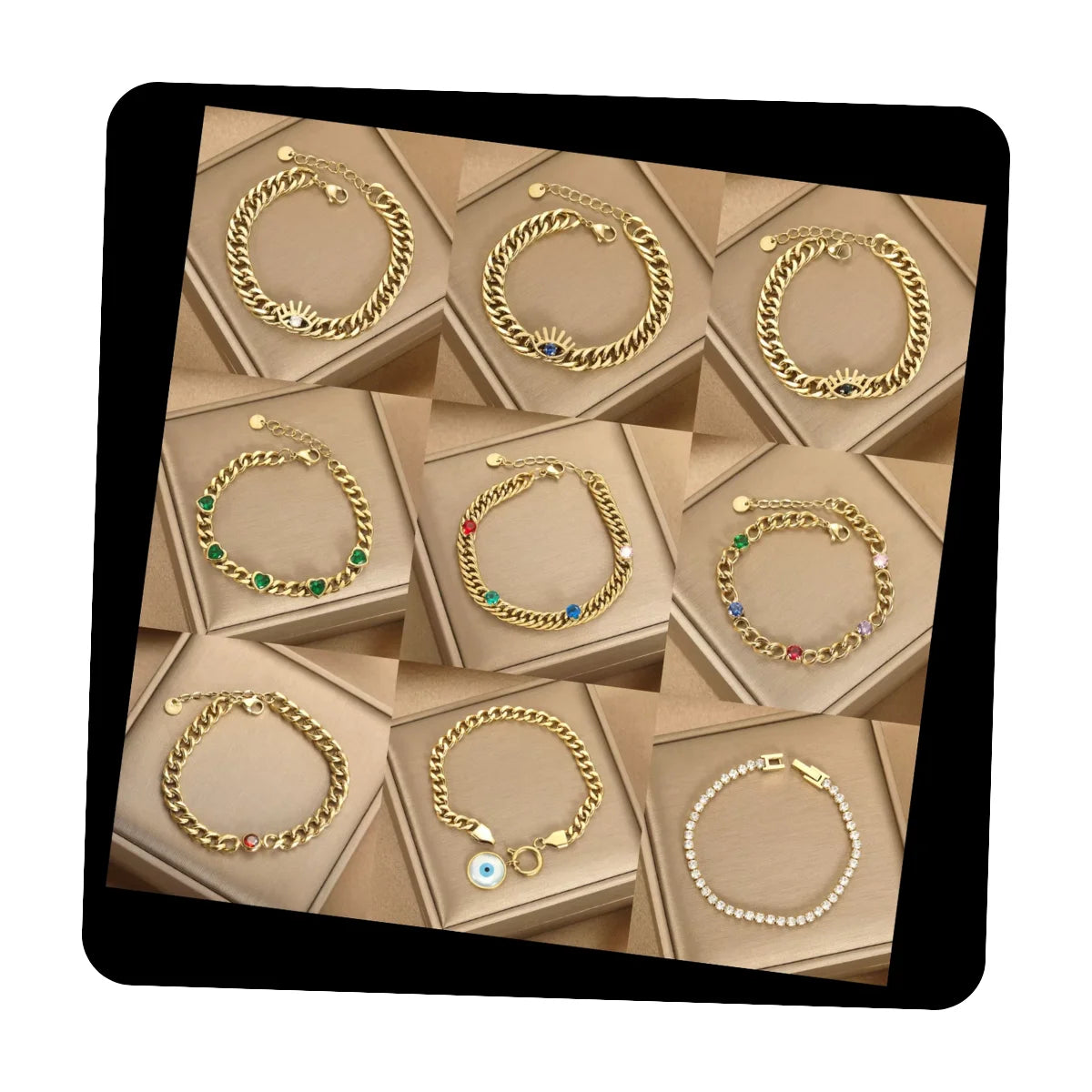 18K Gold Plated Ins Stainless Steel Cubic Zirconia Bracelet Waterproof Demon Eye Design Trendy Cuban Chain Bracelets for Wedding
