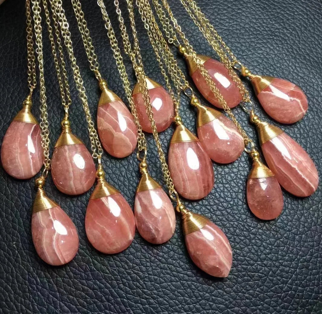 Natural Polished Rhodocrosite Gemstone Pendant  Copper Crystal Moon Shape Pendant for Gift