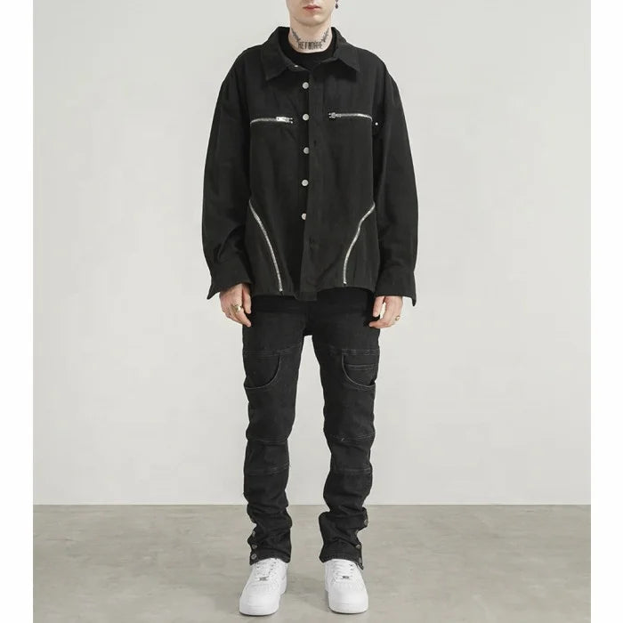 OEM Private Label Men Custom Stock Dropshipping Black Zipper Mens Denim Jacket