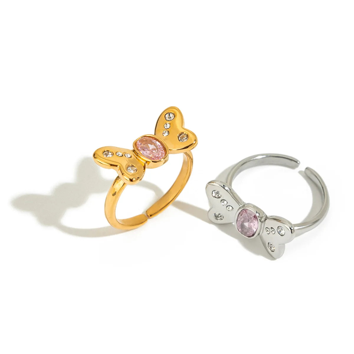 Sweet Romantic Valentine's Day Gift 18K Gold Stainless Steel Zircon Rhinestone butterfly Open Rings Pink Zirconia Bow Rings