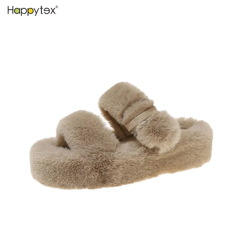 Outdoor New Luxury Winter Warm Light Weight Non Slip Soft Fluffy Plush Upper Slides for for Women Thick Sole Home
