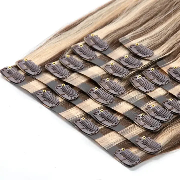 Inice Double Drawn Straight Clip in Hair Extensions No Tangle No Shedding Fuller Ends Light Brown Clip in Human Hair