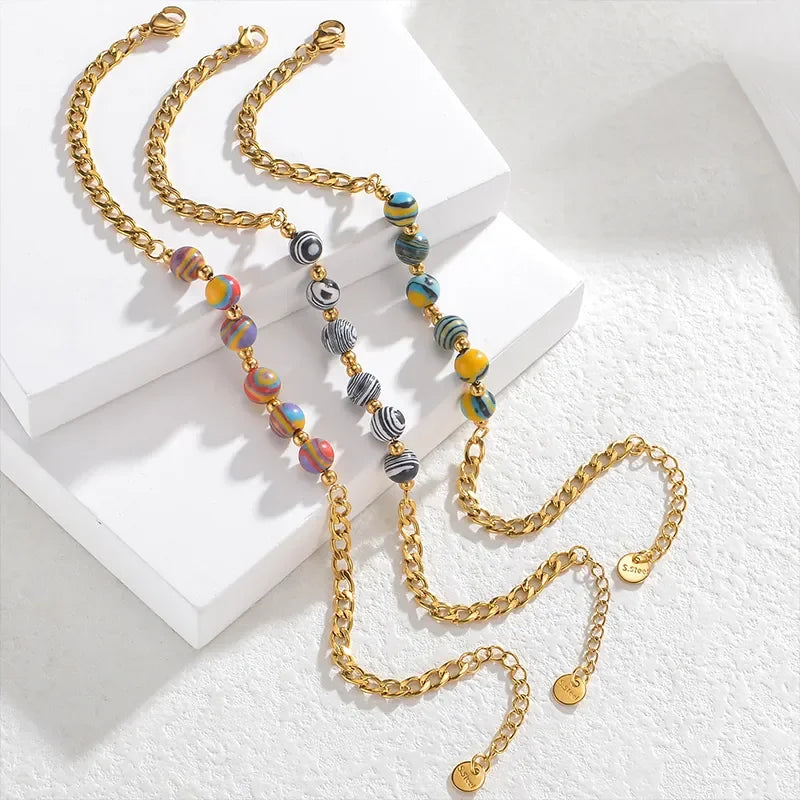 Spring Summer Cuba Chain Natural Stone Simple Titanium Steel Bracelet Leisure Holiday Waterproof Stainless Steel Jewelry