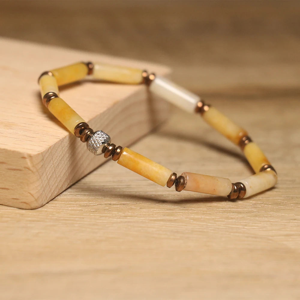 Luxury Stainless Charm Bracelet with Aventurine Yellow Beads Natural Stone Geometric Style Trendy Healing Energy Religious Gift