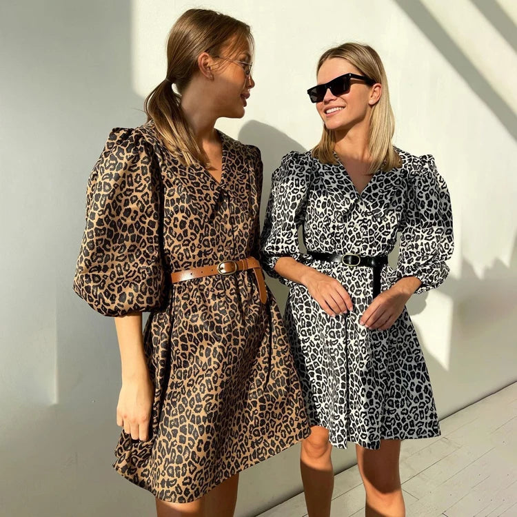 Button-Up Printed Summer Casual Dresses Puff Sleeve Short Leopard Dress For Women