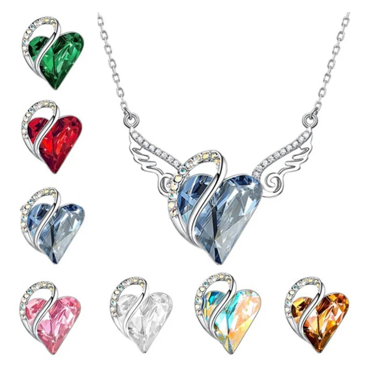 Trendy Angel Wing Heart Pendant Necklace with Gemstone Personalized Zinc Alloy Link Chain for Party Christian Religious Symbol