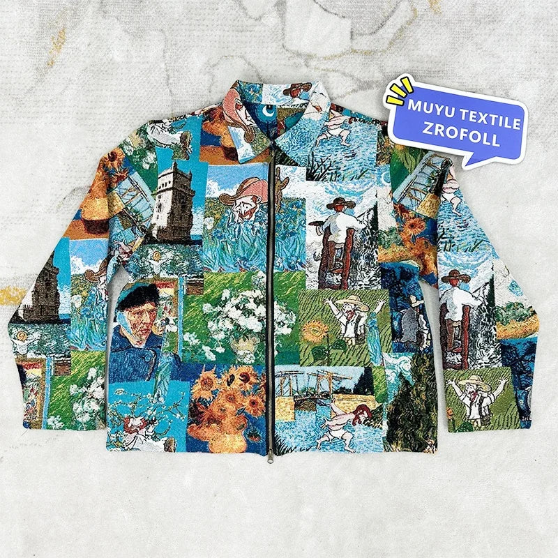Custom Men's Zip-Up Jacket with Van Gogh Tapestry Design Turn-Down Collar & OEM Service Yarn Dyed Technique