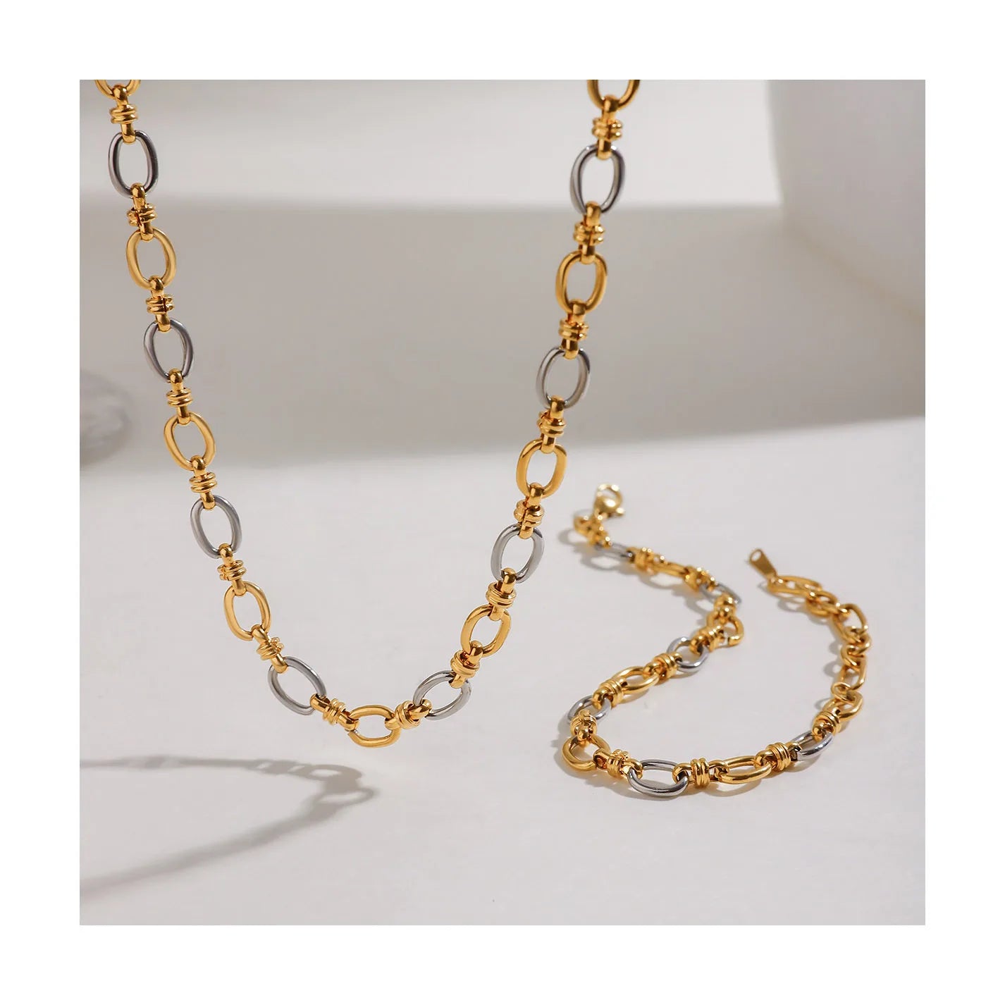 ERESI Two Color Tones 18k PVD Gold Plated Non Tarnish Irregular Link Chain Bracelet Trendy Stainless Steel Necklace Set Jewelry