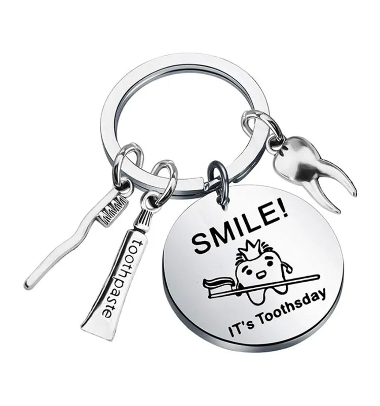 Smile Is Toothsday Toothbrush Toothpaste Tooth Keychain Metal Pendant Key Chain for Birthday Gift for Kids Children Adults