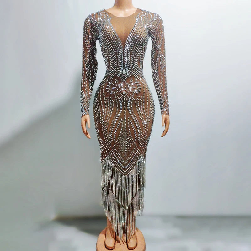 2023 Products Diamond Rhinestones Tassels Shiny Brown Birthday Dress Elegant Evening Dress Womens for Party Novance