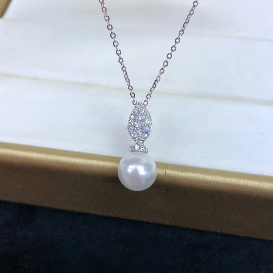 P1530 9-10mm DIY Natural  Freshwater Pearl Charm Pendant Necklace Accessory 925 Sterling Silver Jewelry for Women Without Chain