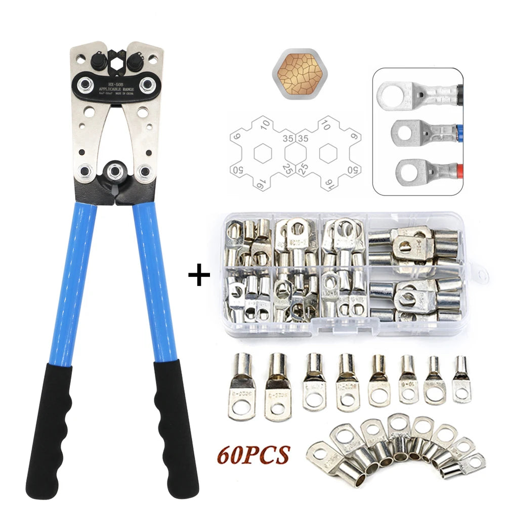 Crimping Pliers 6-50mm2 AWG 22-10 Ring Terminals Wiring Pliers Bare Cable Battery Terminals Soldered Connectors Kit HX-50B