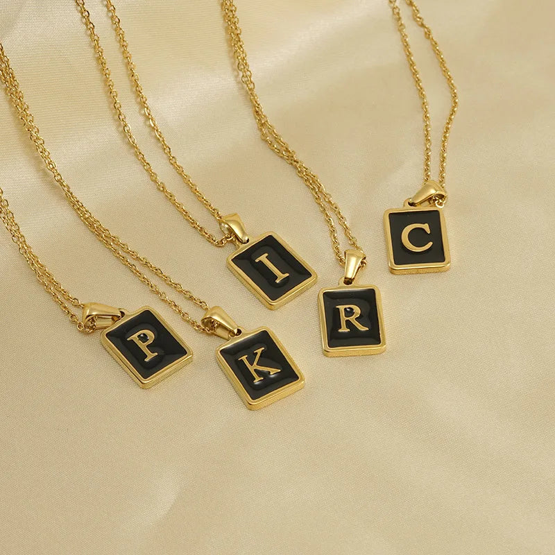 Wholesale Stainless Steel 18K Gold Plated Initial Letter Name Pendent Necklace Trendy Rectangle Square Initial Letter Necklace