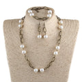 Fashion Beautiful Gunmetal Antique Bronze Paperclip Chain Jewelry Set 12mm Beige Plastic Pearl Necklace Bracelet Earring Set