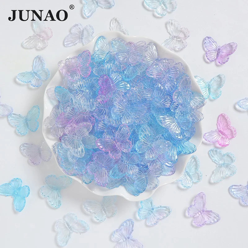 JUNAO New Arrival Butterfly Transparent 3D Resin Beads Mix Resin Jewelry Rhinestones DIY Gradient Butterfly Flat Back Cabochon