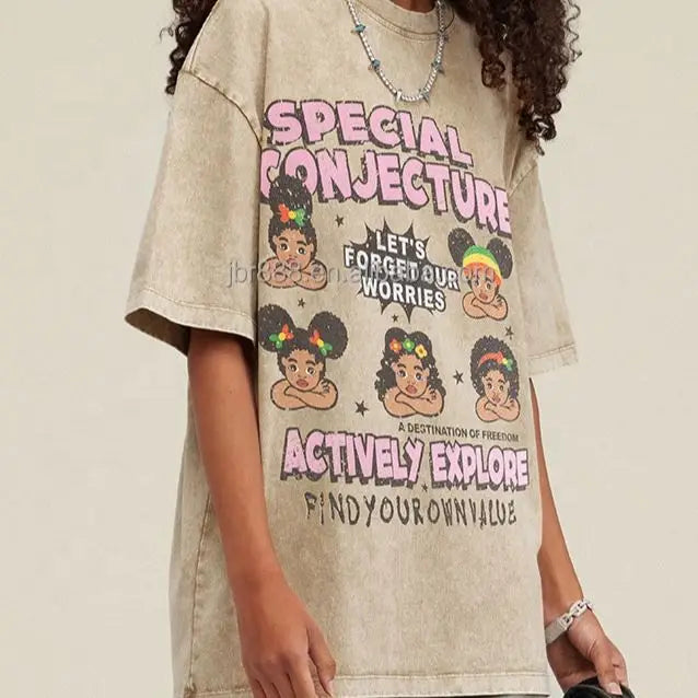Printing on Demands 100% Cotton 270Gsm Acid Washed Vintage Digital Print  Women Tshirts Oversized Tshirt Custom Tag