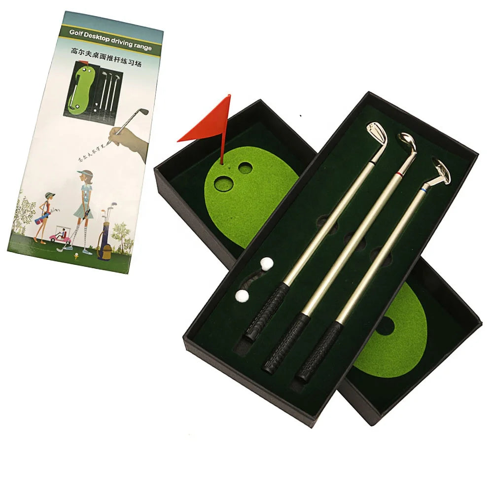 Wholesale Custom logo Mini Desktop Golf Gift Set with Putting Green Flag and 3 Colour Metal Club Neutral Pens Golf Accessories