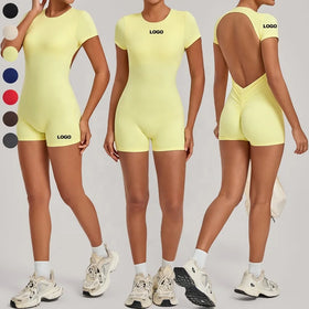 Women Short Sleeve Hollow Yoga Shorts Jumpsuits Breathable Backless Bodycon Scrunch Butt Yoga Rompers One Piece Workout Bodysuit
