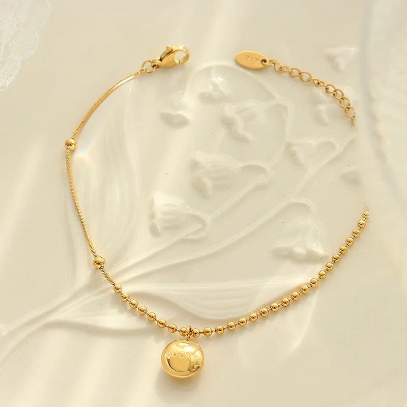 Dainty 18k Gold Plated Stainless Steel Bead Chain Bracelets Stitching Round Pendant Bracelet for Women