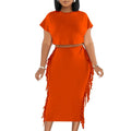 S-XXL European and American Fashion Women's Solid Color Tassel Round Neck Short Sleeved Long Skirt Two-piece Set