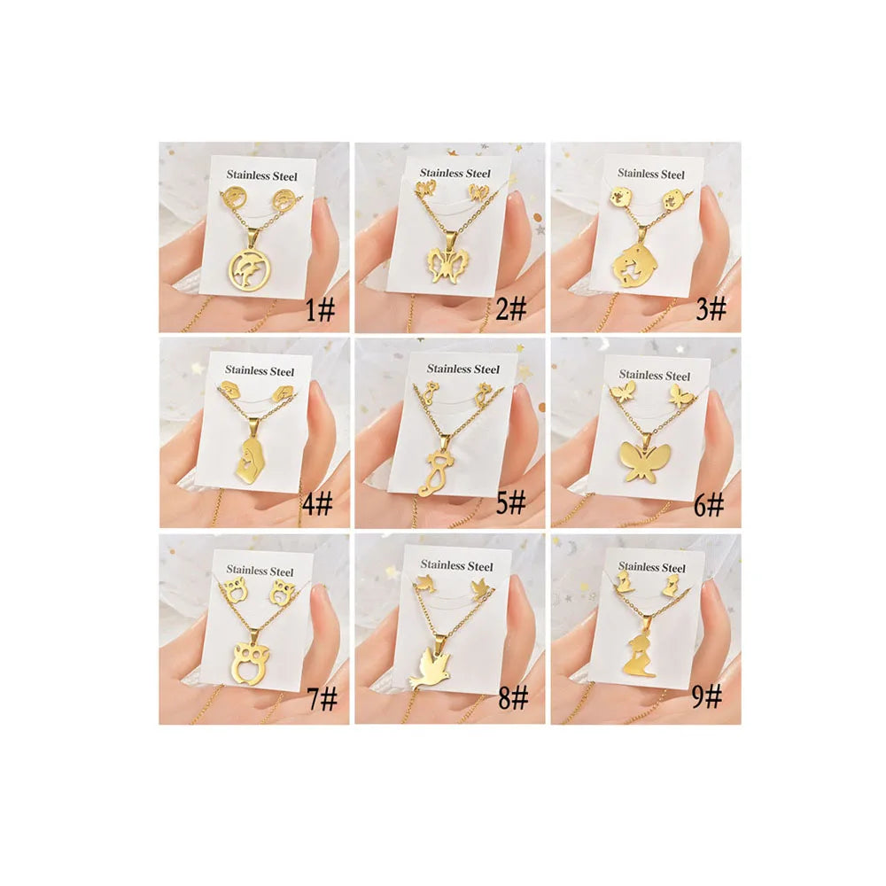 9 Styles Stainless Steel Jewelry Sets Gold Plated Pendant Butterfly Dolphin Charm Necklace Chains Earrings Jewelry Set for Women