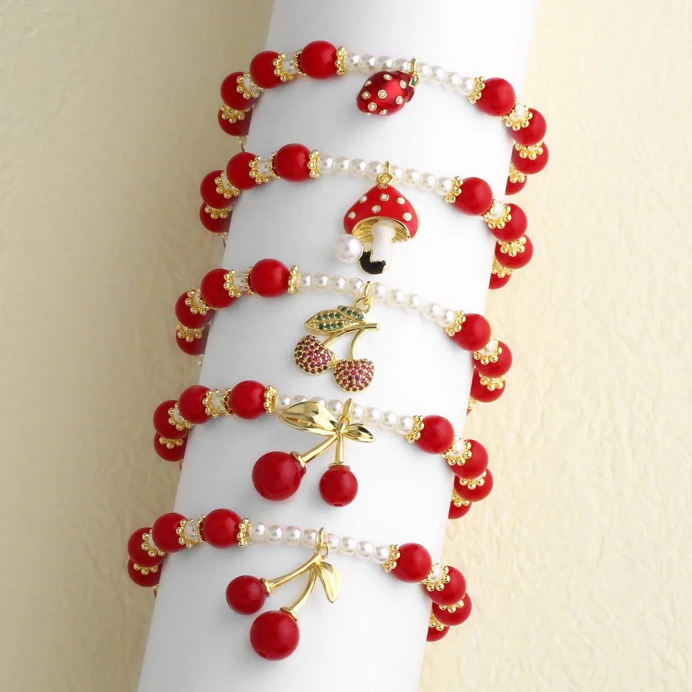 Jinyuan Women's Jewelry Brass Beaded Fruit Cherry Mushroom Pendant Electroplated Natural Stone Bracelet
