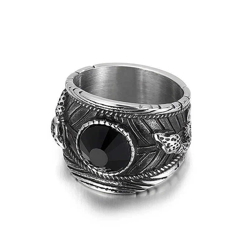 Kalen Domineering Punk Inlaid Crystal Moissanite Double Snake Male Black Ring Stainless Steel Jewelry Ring for Men