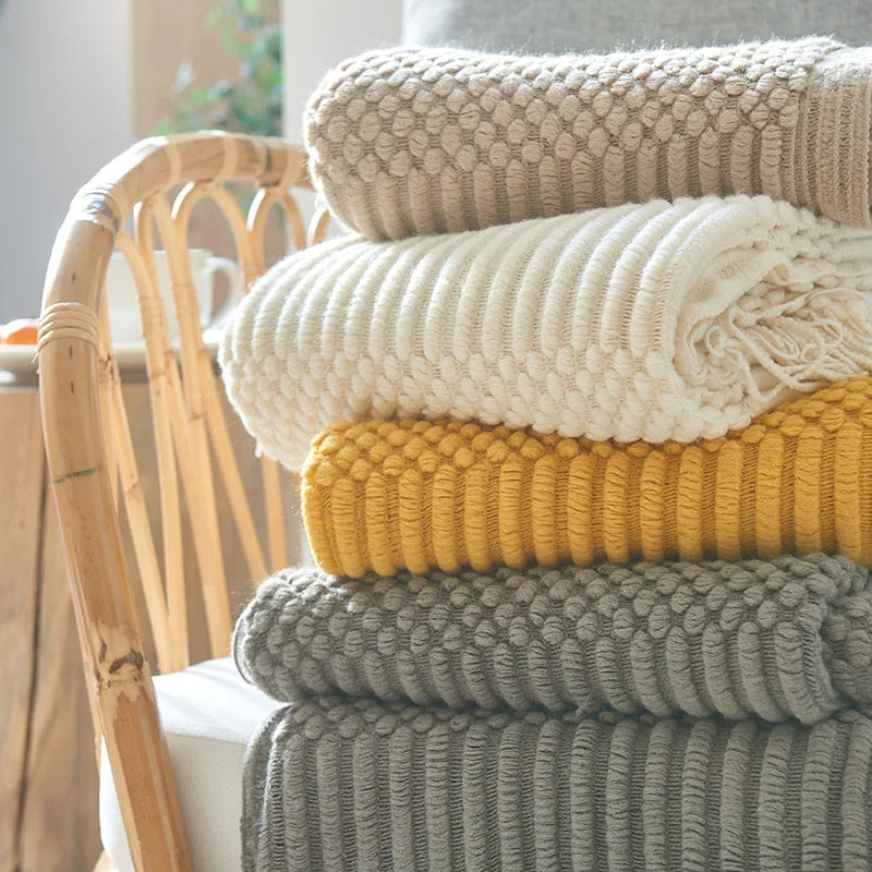 Yarn Craftsman Acrylic Simple Solid Color Striped Tassel Blanket 120*170CM