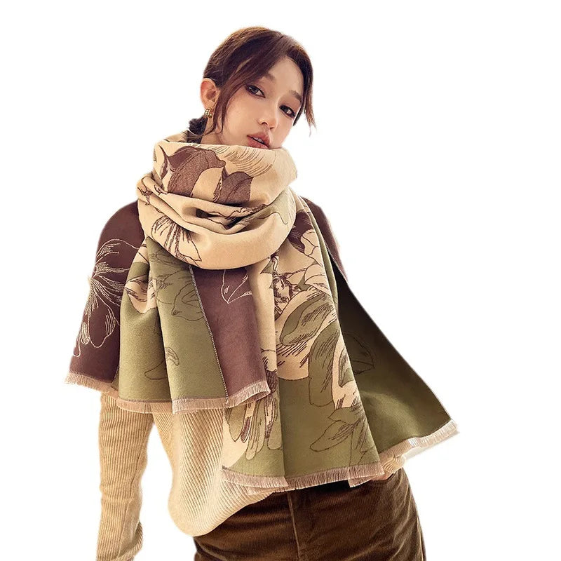 2025 New Luxury Women's Polyester Floral Scarf Versatile Dual-Purpose Shawl Neck Warmer Durable Office Winter Warm Protection
