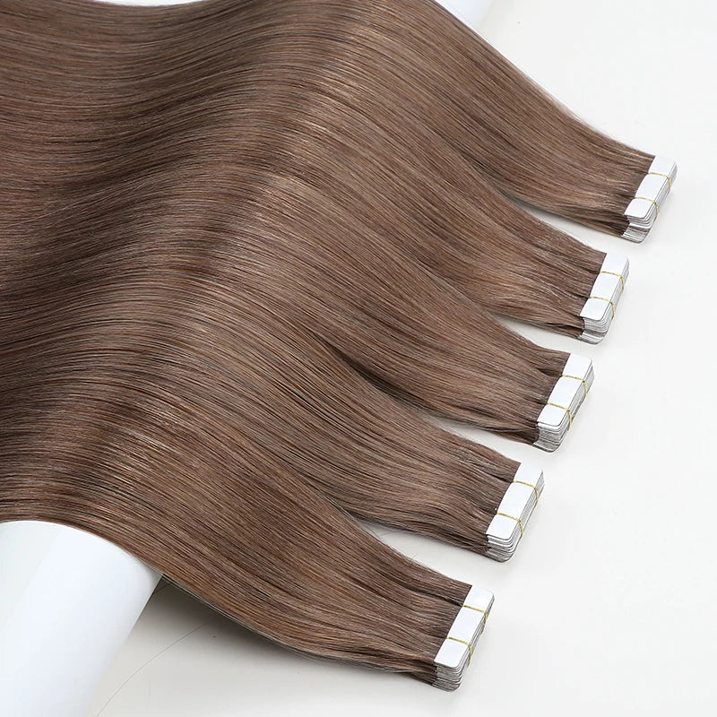 Double Drawn Tape in Hair Extensions 100human Hair Extensions Tape in 100% Remy Virgin Russian 22 Inch Brown Tape Hair Extension