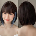 Immediate Delivery Short Straight Brown with Blue Highlight Bob Synthetic Wig with Bang for Black Woman Daily Use Party