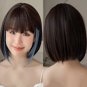 Immediate Delivery Short Straight Brown with Blue Highlight Bob Synthetic Wig with Bang for Black Woman Daily Use Party