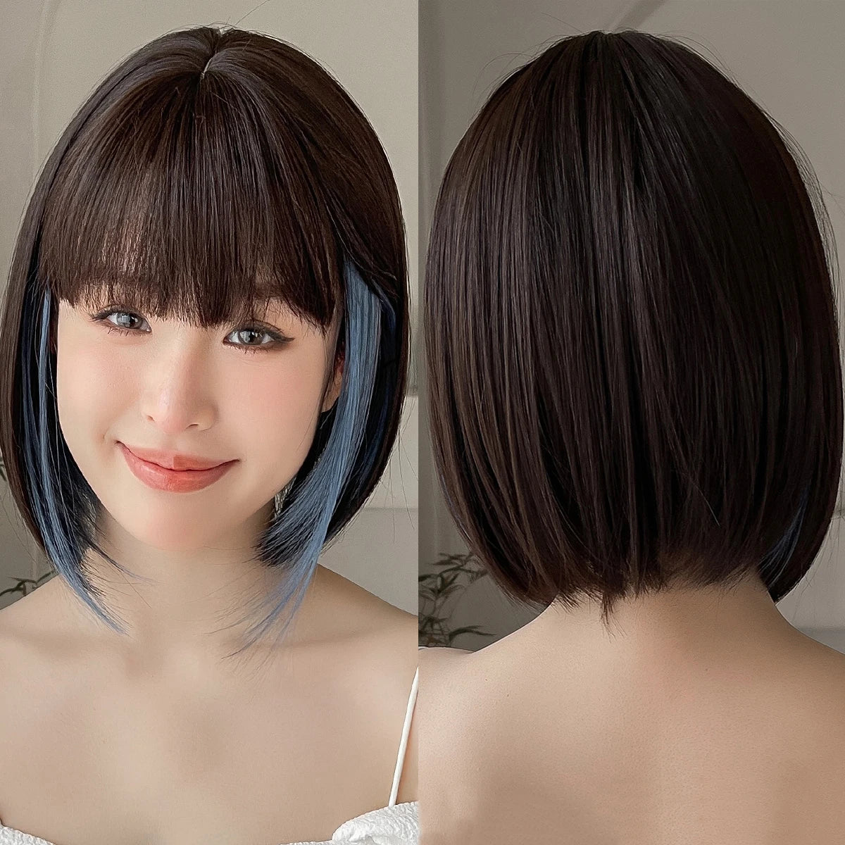 Immediate Delivery Short Straight Brown with Blue Highlight Bob Synthetic Wig with Bang for Black Woman Daily Use Party