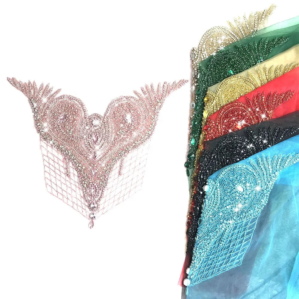 W003 Heart Shape Dress Rhinestone Bodice Applique Patches Bling Beaded Crystal Embroidery Wedding Flatback Motif Rhinestones