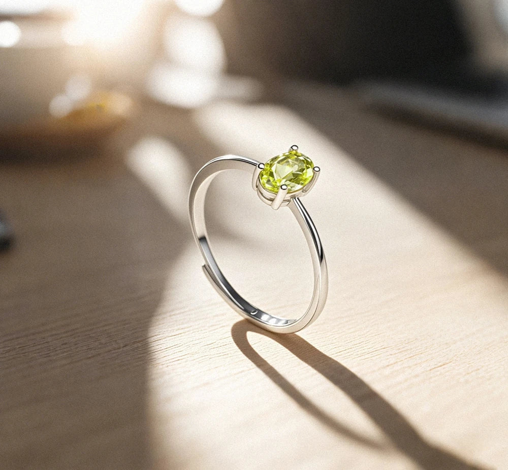 Wholesale Silver Plated Gemstone Ring with Oval Green Peridot Geometric Design Claw Setting Trendy Women's Wedding Gift