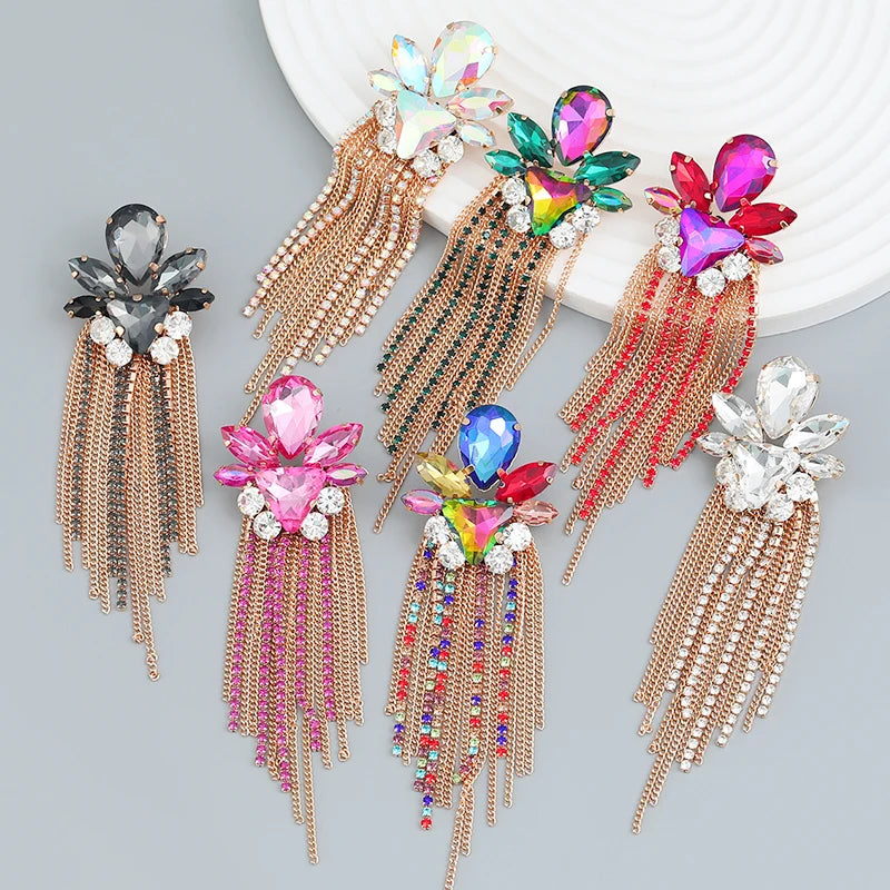 2023 New Arrival Fashion Jewelry Spring New European Long Tassel Earrings Women Full Diamond Flower Crystal Statement Earrings