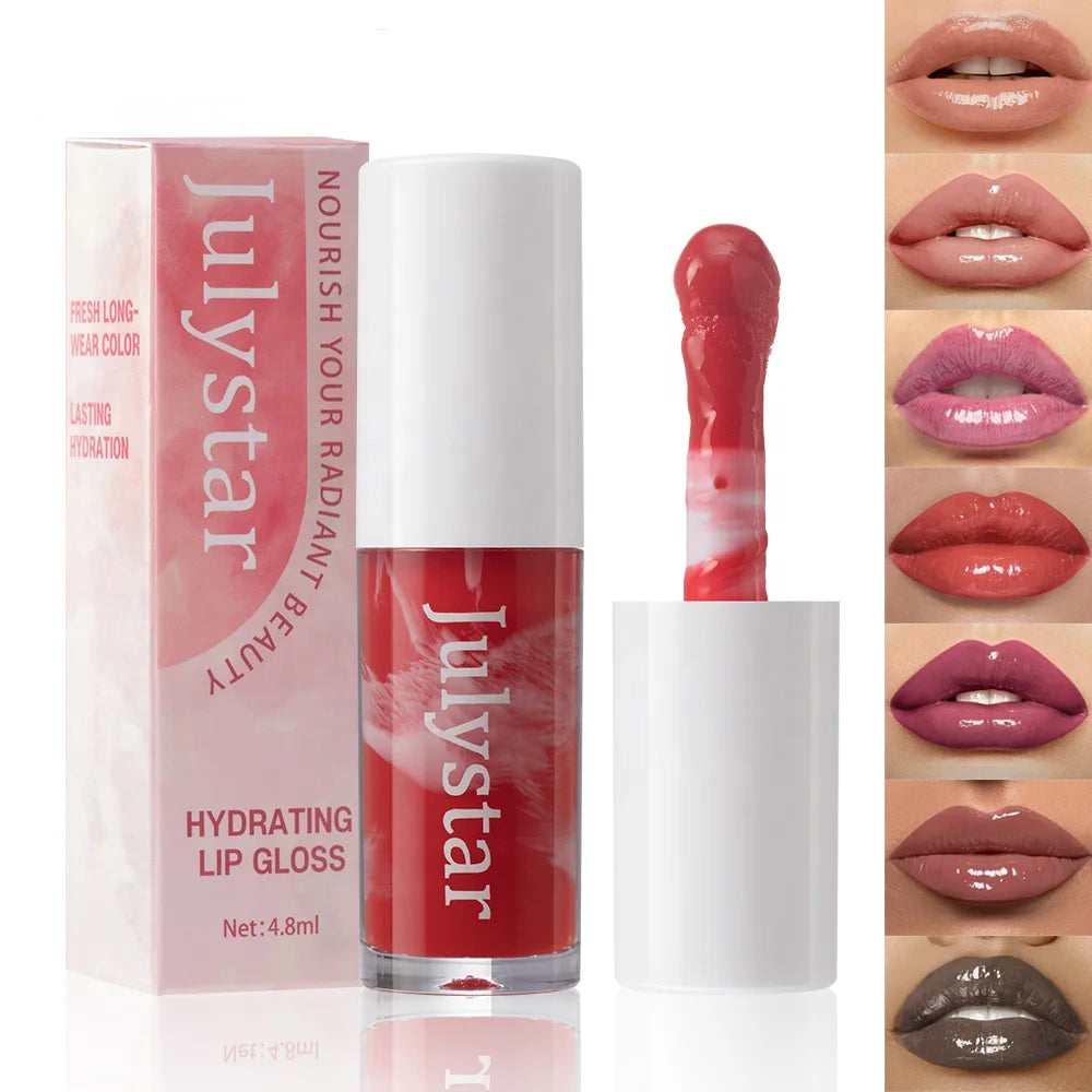 Low MOQ Wholesale Julystar 7 Color Liquid Lipstick Plumping Brightening Lip Oil Moisturizing Lip Glaze Labial Mayorista