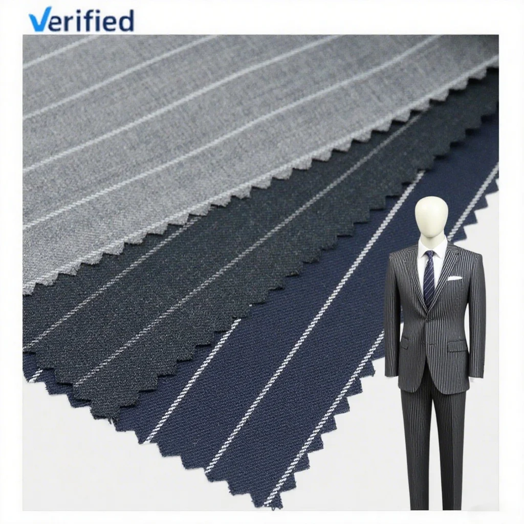 Classic RTS 50%W 50%P Blend Worsted Merino Wool/Polyester Fabric Italian Fabric for Men's Suit Stripe Style