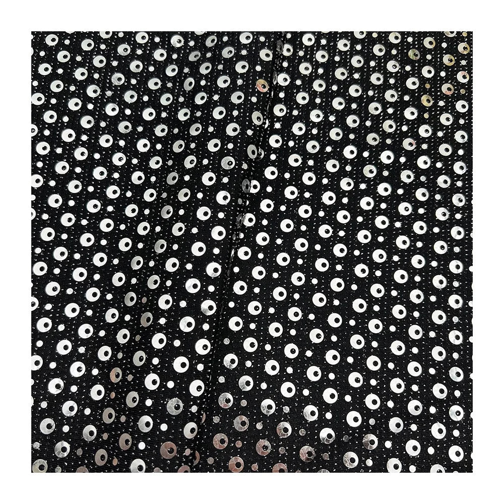 Black Stretch Spangle Foil Dot Laser Cut Jersey Fabric Fish Eye Sequins Glitter Shiny Metallic Knit Fabric Lurex
