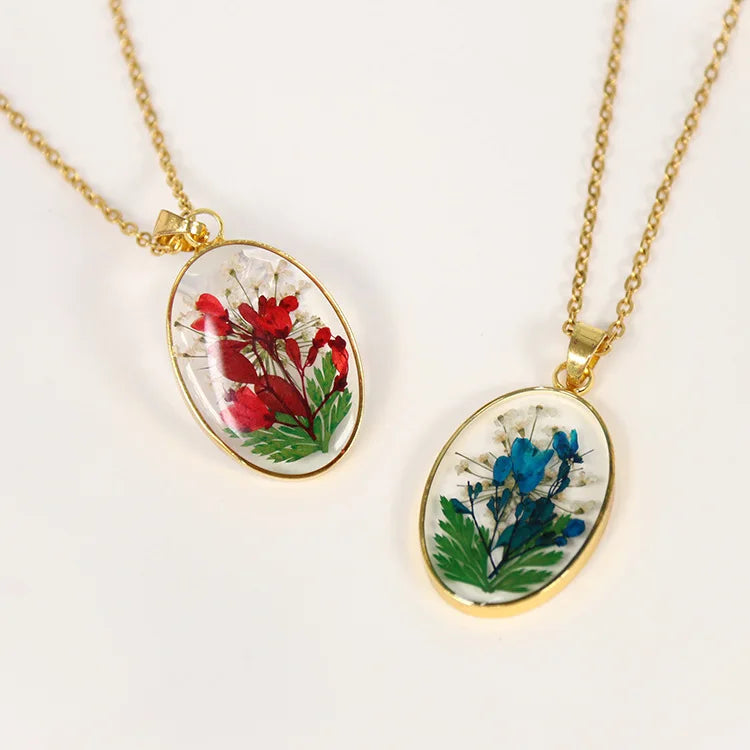 Boho 18k Gold Resin Flower Jewelry Preserved Flower in Resin Handmade Pressed Flower Necklace for Women Valentine's Day Gift