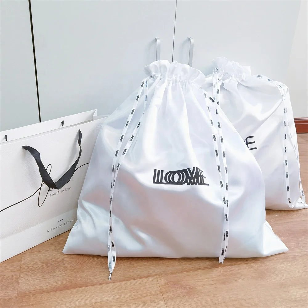 BSCI Medium Satin Dust Bag Custom logo Printed Silk Satin Dust Bags for Cloth and Handbag Luxury Gift Bags With Drawstring