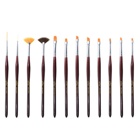 Yalixin Hot Sales 12pcs Dark Red Wooden Handle Professional Nail Art Brush Set Custom Logo Gel Liner Oval Flat Oblique Fan Brush