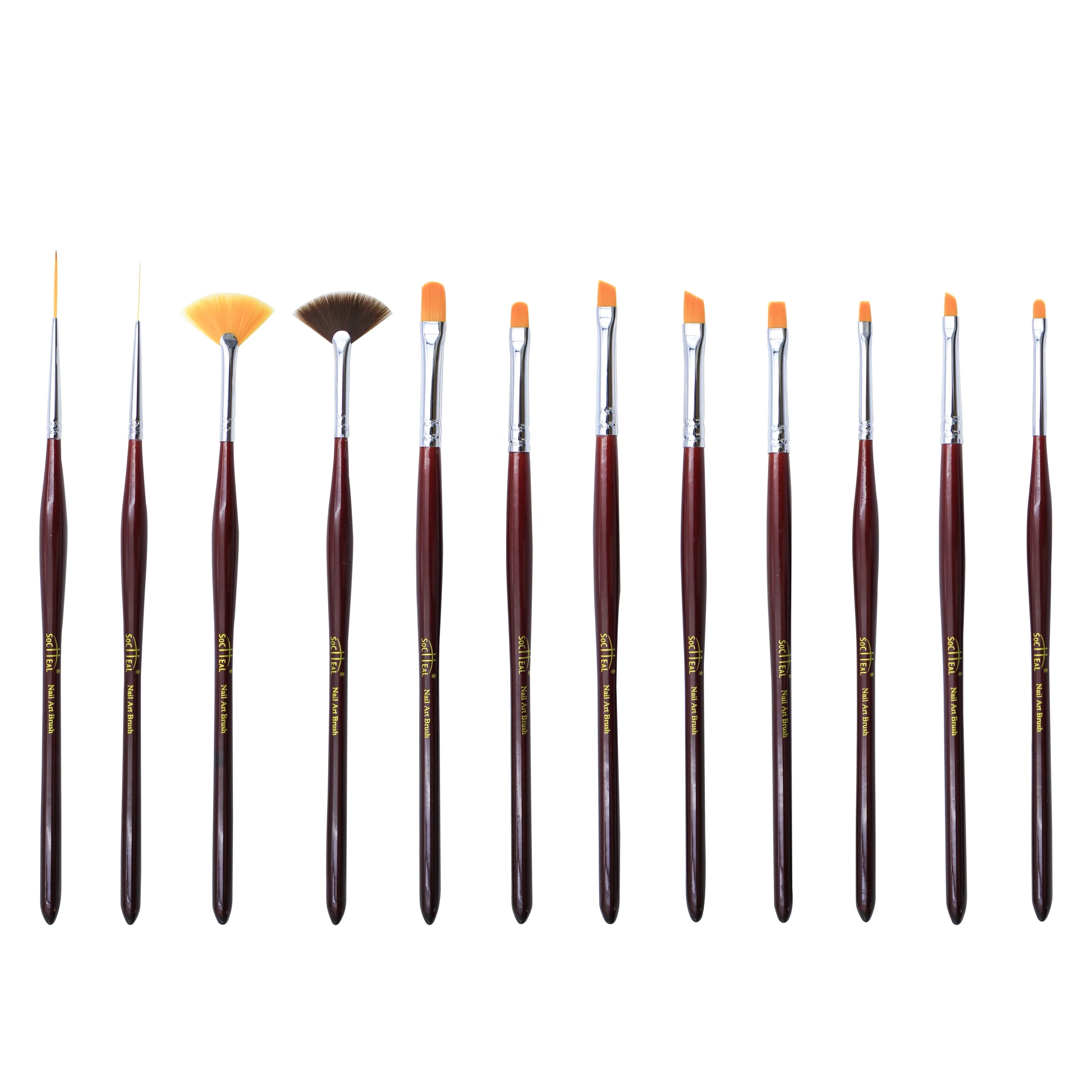 Yalixin Hot Sales 12pcs Dark Red Wooden Handle Professional Nail Art Brush Set Custom Logo Gel Liner Oval Flat Oblique Fan Brush