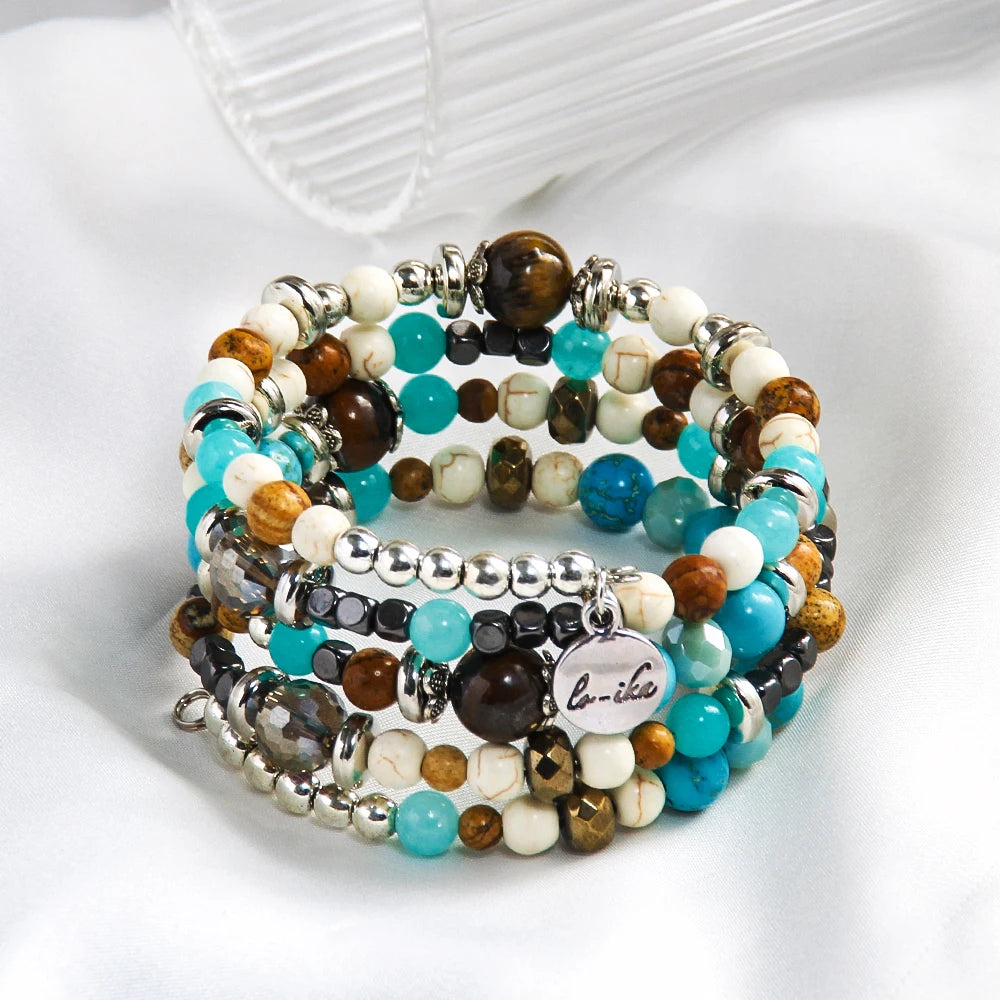 Women Bohemian 46810mm Natural Pic Jasper Brown Gemstone Glass Hematite Mix Bead 5-layer Wire Wrap Spring Bracelet
