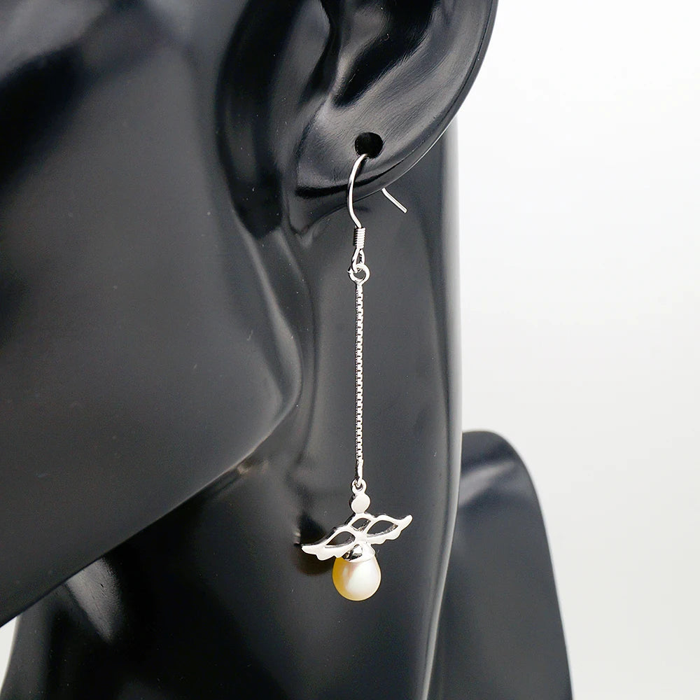 Wholesale Women Jewelry Chain Drop Fresh Water Pearl Angel Wing 925 Sterling Silver Earring Hooks for Wedding