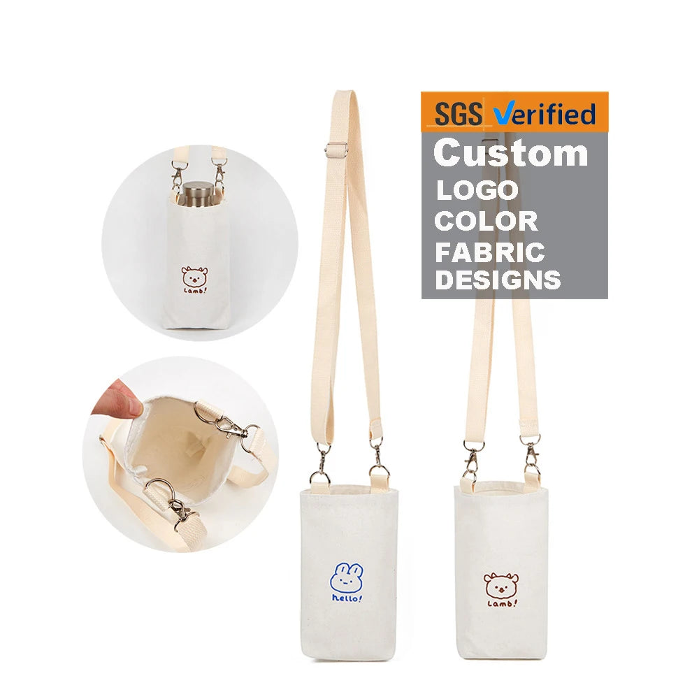 Custom Logo Cute Kids Water Bottle Carrier Bag Canvas Water Bottle Holder with Shoulder Strap