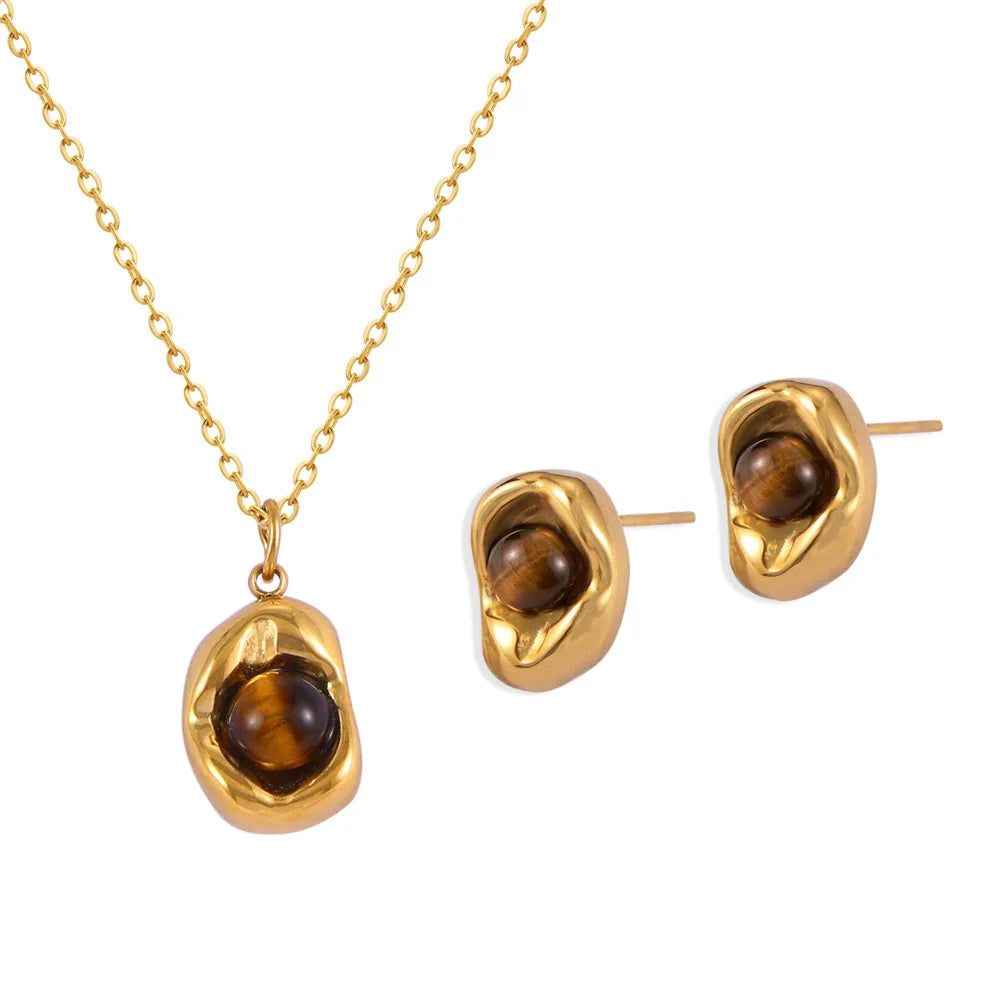 New 18K Gold Stainless Steel Jewelry Sets Natural Tiger Eye Stone Pendant Necklace and Earrings for Women