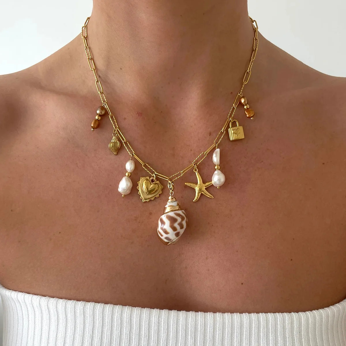 Beach Summer Pearl Women's Jewelry Starfish Shell Pendant Gold Plated Necklace With Stainless Steel Pendant